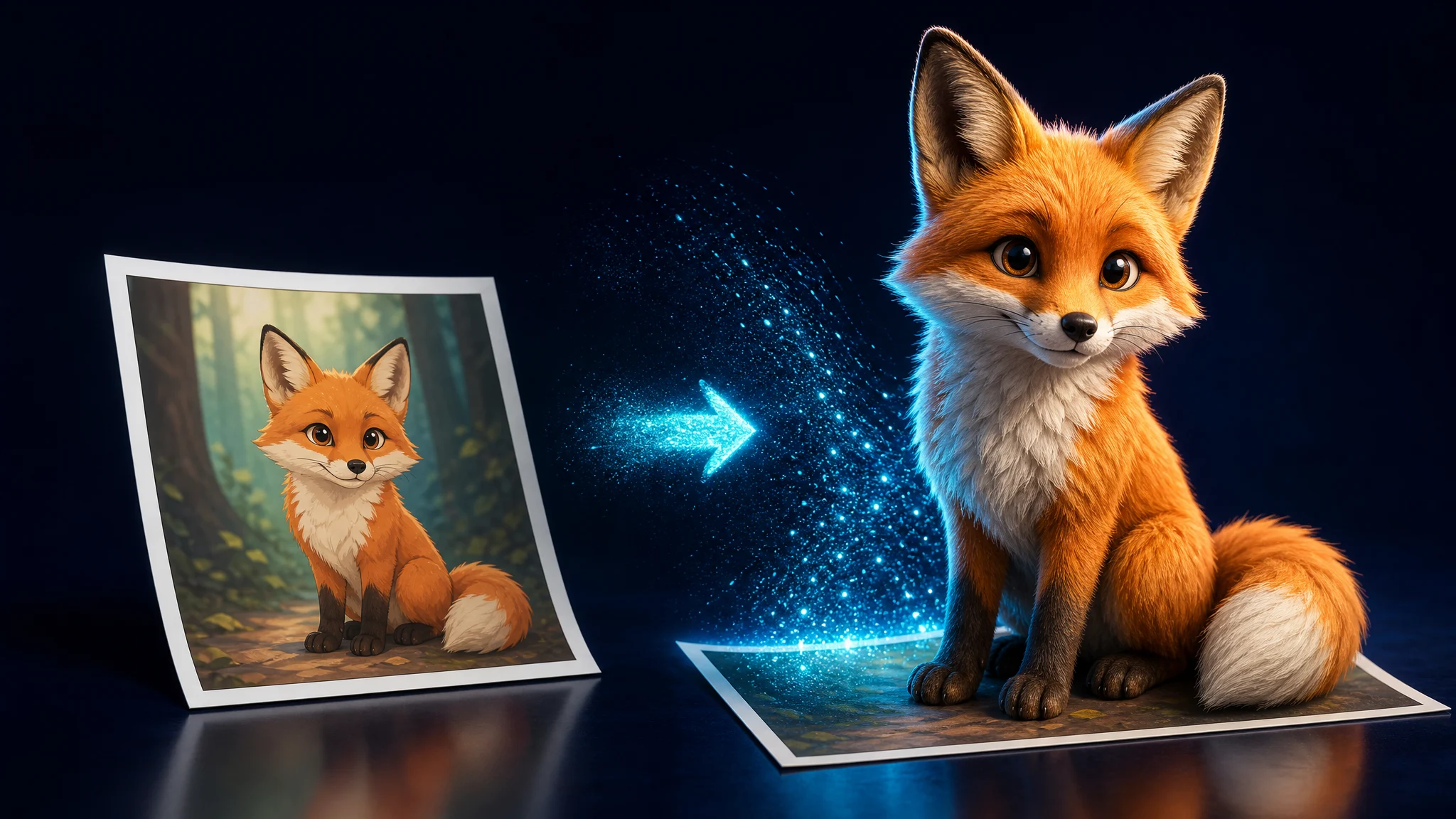 A flat 2D photo being converted into a textured 3D model with Image to 3D AI
